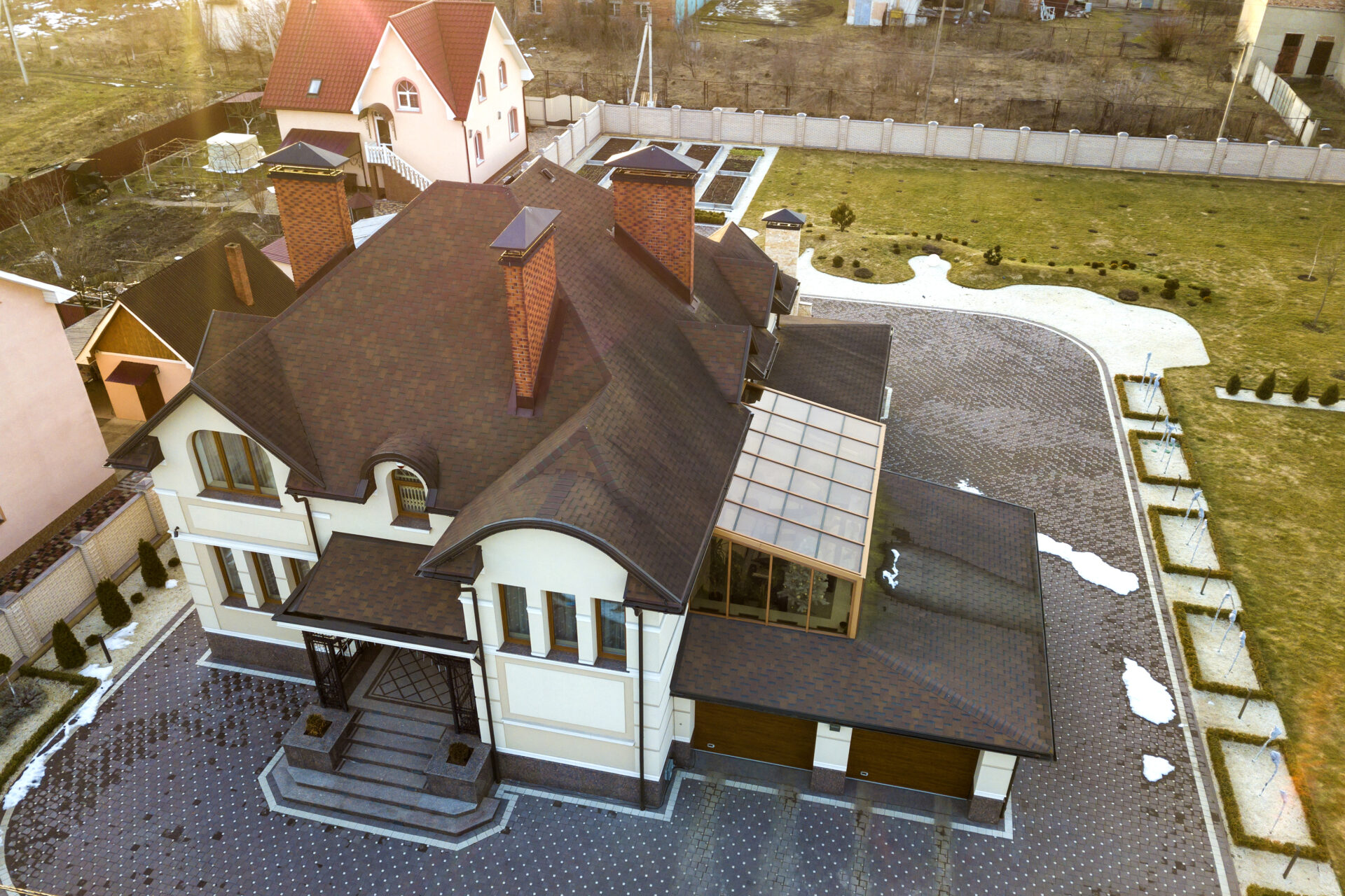 Aerial top view of new residential house cottage